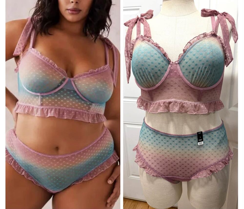 Torrid 1 Rainbow Pastel Mesh Hearts Two Piece Underwire Bralette Cheeky Panties